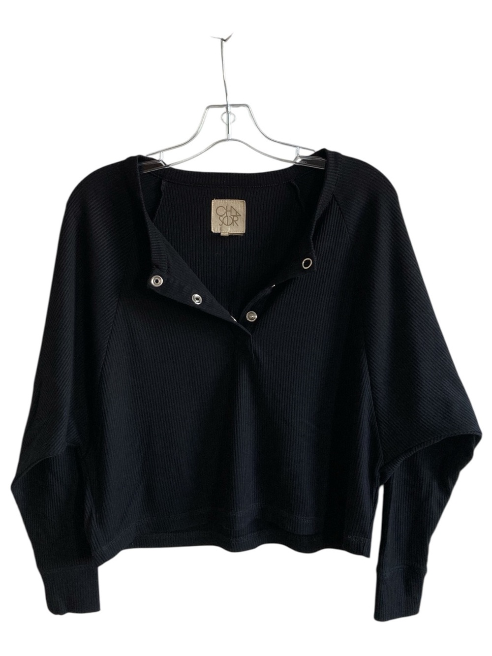 Chaser Small Everdeen Survivalist Tactical Chic Black Ribbed Snap VNeck Pullover